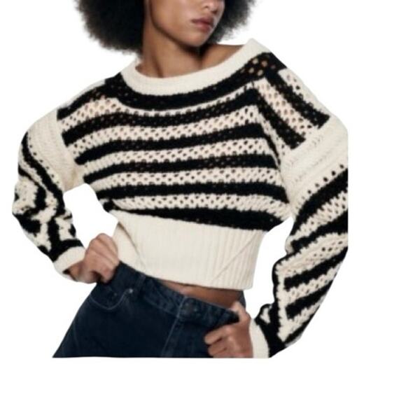 Zara Limited Edition Openwork Chunky Knit Striped Boho Chic Crop Sweater Medium - Picture 1 of 13